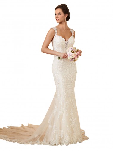 Lace Mermaid Chapel Train Sleeveless Keyhole Back Modern Wedding Dress Sheffield