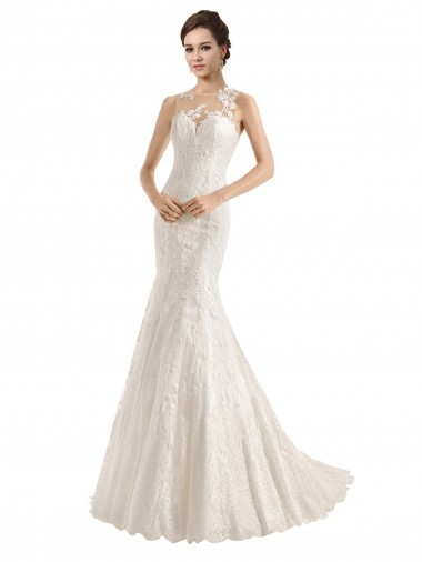 Lace Mermaid Chapel Train Sleeveless Illusion Neck Wedding Dress Sheffield