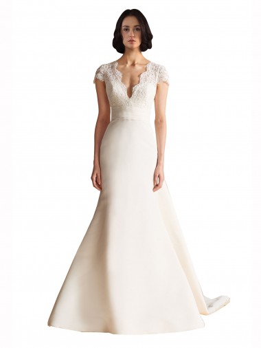 Satin A-Line Chapel Train Cap Sleeves Keyhole Back Wedding Dress Sheffield