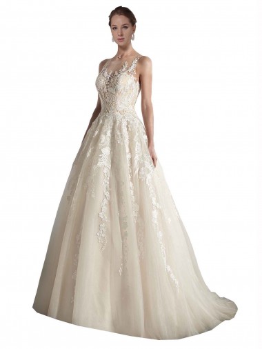 Tulle A-Line Chapel Train Sleeveless Illusion Neck Wedding Dress Sheffield