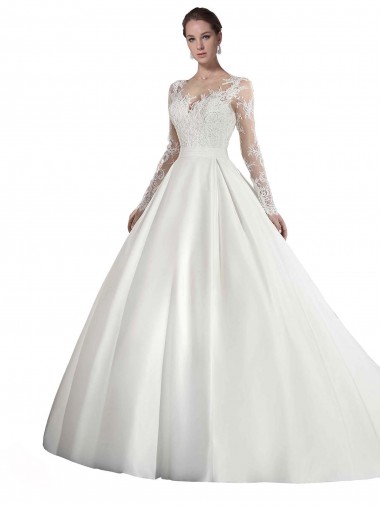 Satin & Lace A-Line Cathedral Train Long Sleeves Wedding Dress Sheffield
