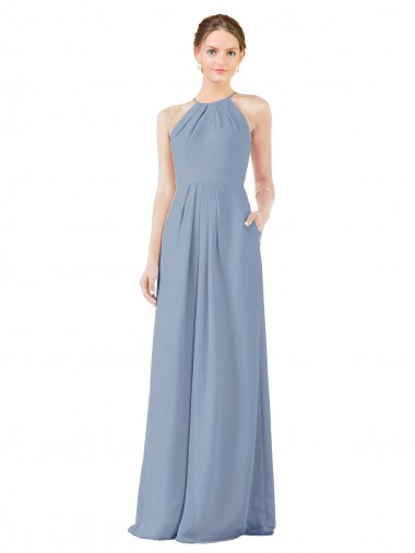 Soft Chiffon Sheath Long Sleeveless Dusty Blue Keyhole Back Bridesmaid Dress Sheffield