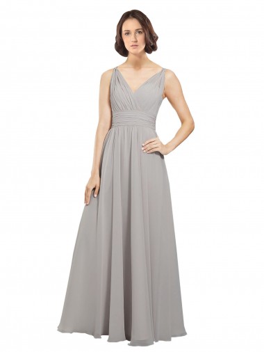 Soft Chiffon A-Line Long Sleeveless Oyster Silver V-Back Bridesmaid Dress Sheffield