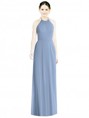 Chiffon A-Line Long Floor Length Sleeveless Low Back Dusty Blue Bridesmaid Dresses Sheffield