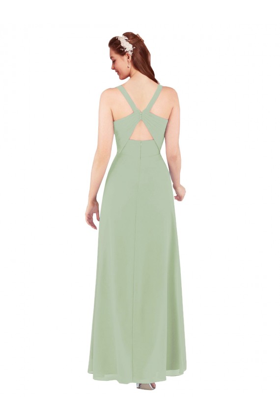 Soft Chiffon Sheath Long Sleeveless Smoke Green Keyhole Back Bridesmaid Dress Sheffield