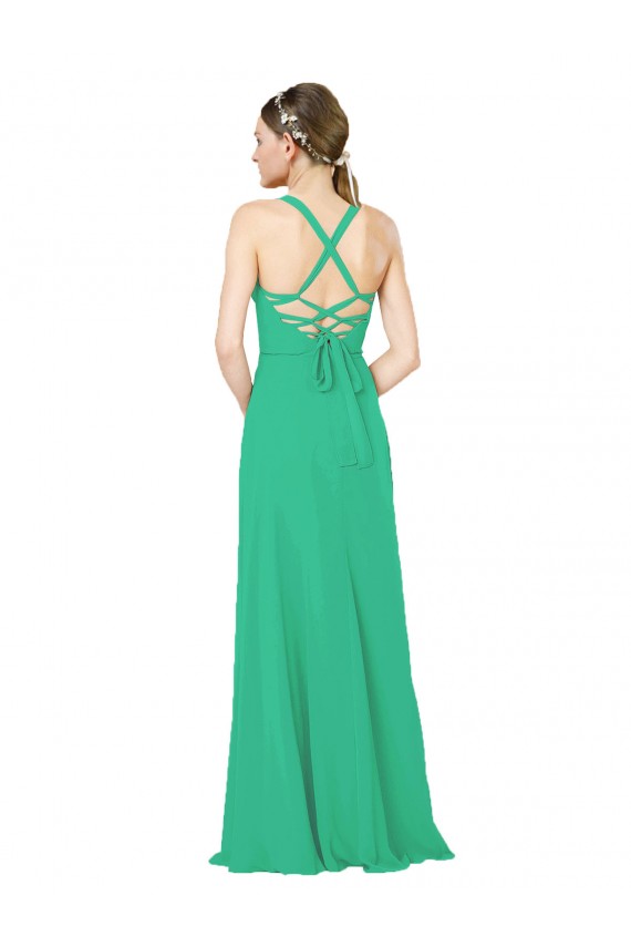 Soft Chiffon Sheath Long Sleeveless Criss Cross Back Emerald Green Bridesmaid Dresses Sheffield