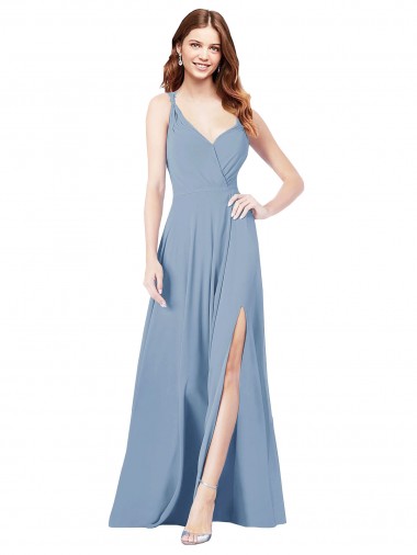 Soft Chiffon A-Line Long Sleeveless Keyhole Back Dusty Blue Bridesmaid Dresses Sheffield