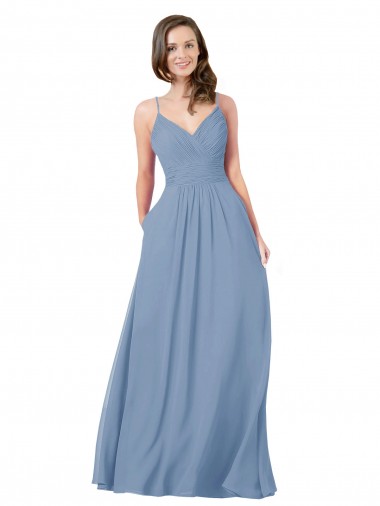 Chiffon A-Line Long Sleeveless Criss Cross Back Dusty Blue Bridesmaid Dresses Sheffield