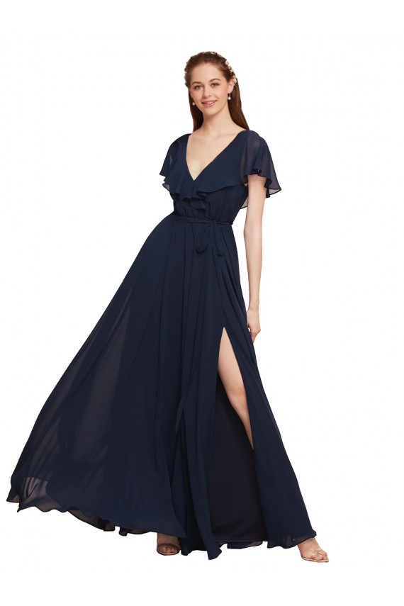 Chiffon A-Line Long Cap Sleeves V-Back High Side Slit Bridesmaid Dresses Sheffield