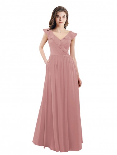 Soft Chiffon A-Line Long Cap Sleeves V-Back Dusty Pink Bridesmaid Dresses Sheffield