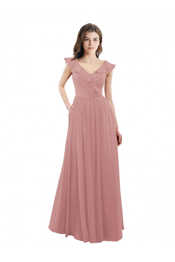 Soft Chiffon A-Line Long Cap Sleeves V-Back Dusty Pink Bridesmaid Dresses Sheffield