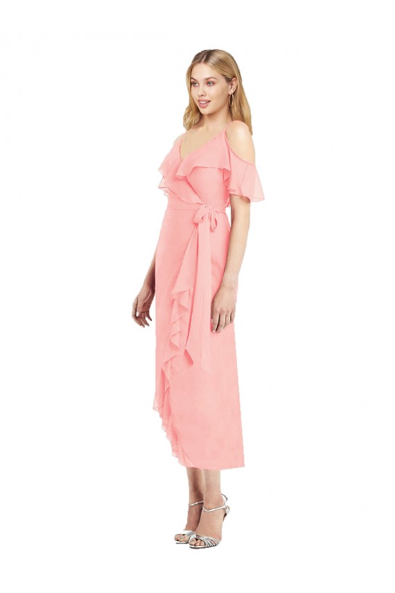 Soft Chiffon Trumpet Cocktail Length Cold Shoulder High Low Bridesmaid Dress Sheffield