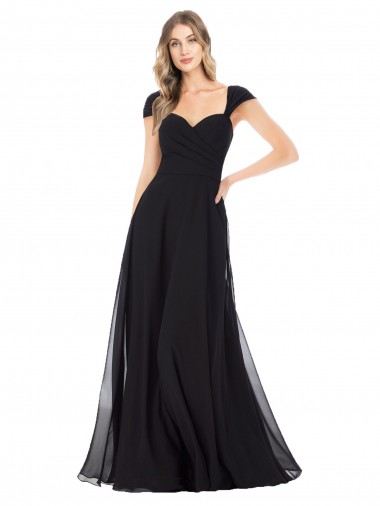 Soft Chiffon A-Line Long Cap Sleeves Black Bridesmaid Dresses Sheffield