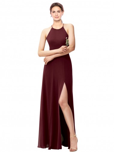 Soft Chiffon A-Line Long Sleeveless Criss Cross Back High Side Slit Bridesmaid Dresses Sheffield