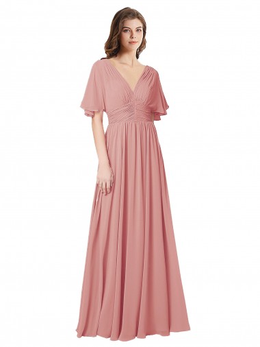 Soft Chiffon A-Line Long Flutter Sleeves V-Back Bliss Pink Bridesmaid Dresses Sheffield