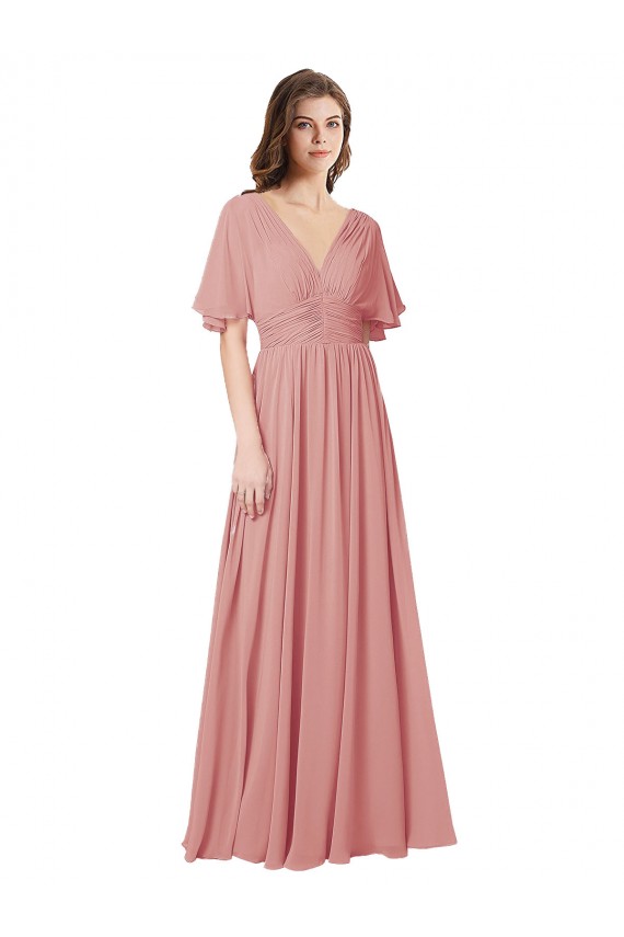 Soft Chiffon A-Line Long Flutter Sleeves V-Back Bliss Pink Bridesmaid Dresses Sheffield