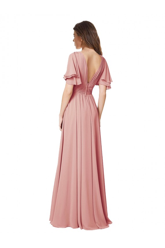 Soft Chiffon A-Line Long Flutter Sleeves V-Back Bliss Pink Bridesmaid Dresses Sheffield
