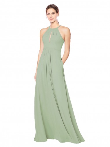 Soft Chiffon A-Line Long Sleeveless Smoke Green Keyhole Back Bridesmaid Dress Sheffield