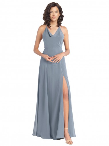 Soft Chiffon A-Line Long Sleeveless V-Back Dusty Blue Bridesmaid Dresses Sheffield