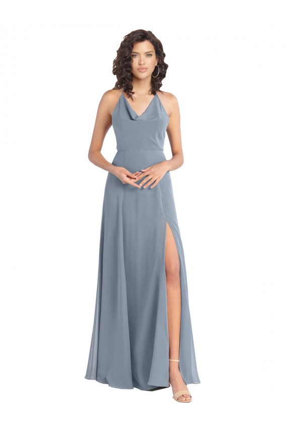 Soft Chiffon A-Line Long Sleeveless V-Back Dusty Blue Bridesmaid Dresses Sheffield