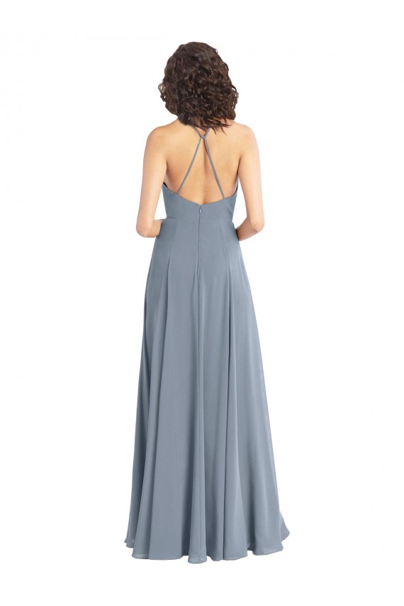 Soft Chiffon A-Line Long Sleeveless V-Back Dusty Blue Bridesmaid Dresses Sheffield