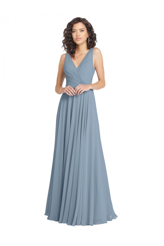 Soft Chiffon A-Line Long Sleeveless Dusty Blue V-Back Bridesmaid Dress Sheffield