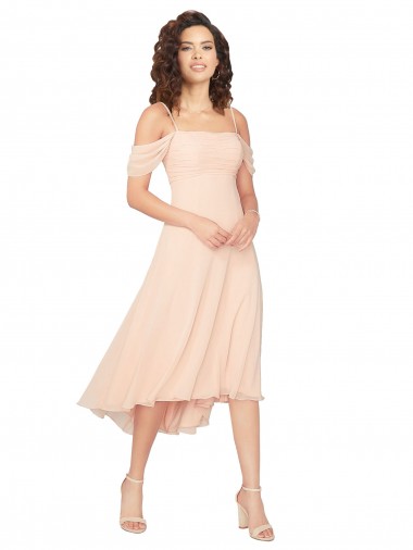 Soft Chiffon A-Line Midi Length Cold Shoulder Low Back High Low Bridesmaid Dress Sheffield