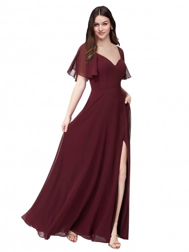 Soft Chiffon A-Line Long Short Flutter Sleeves Keyhole Back Formal Dress / Bridesmaid Dress Sheffield