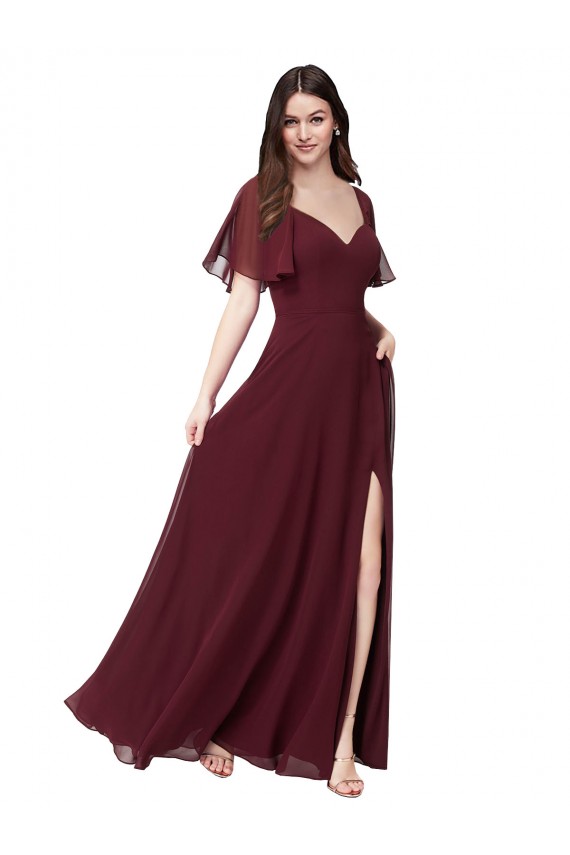 Soft Chiffon A-Line Long Short Flutter Sleeves Keyhole Back Formal Dress / Bridesmaid Dress Sheffield
