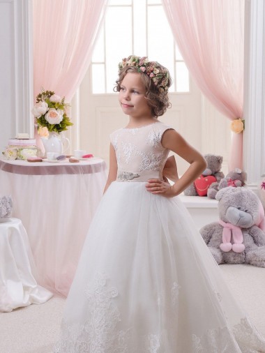 Tulle & Lace Ball Gown Chapel Train Sleeveless V-Back Flower Girl Dresses Sheffield