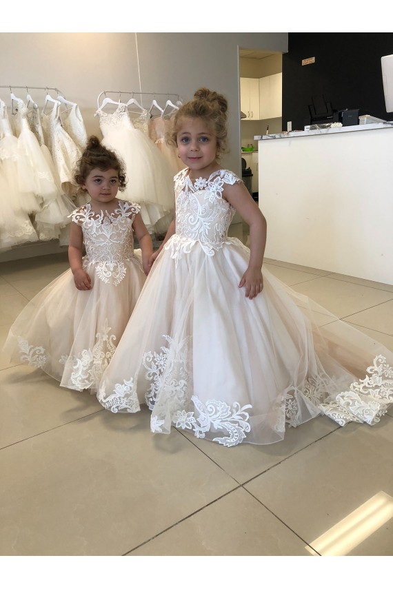 Tulle & Lace Ball Gown Chapel Train Sleeveless V-Back Little Flower Girl Dress Sheffield
