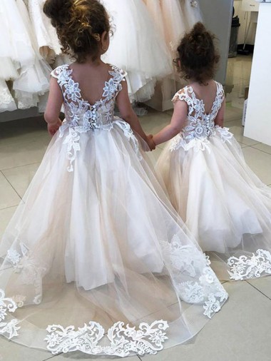 Tulle & Lace Ball Gown Chapel Train Sleeveless V-Back Little Flower Girl Dress Sheffield