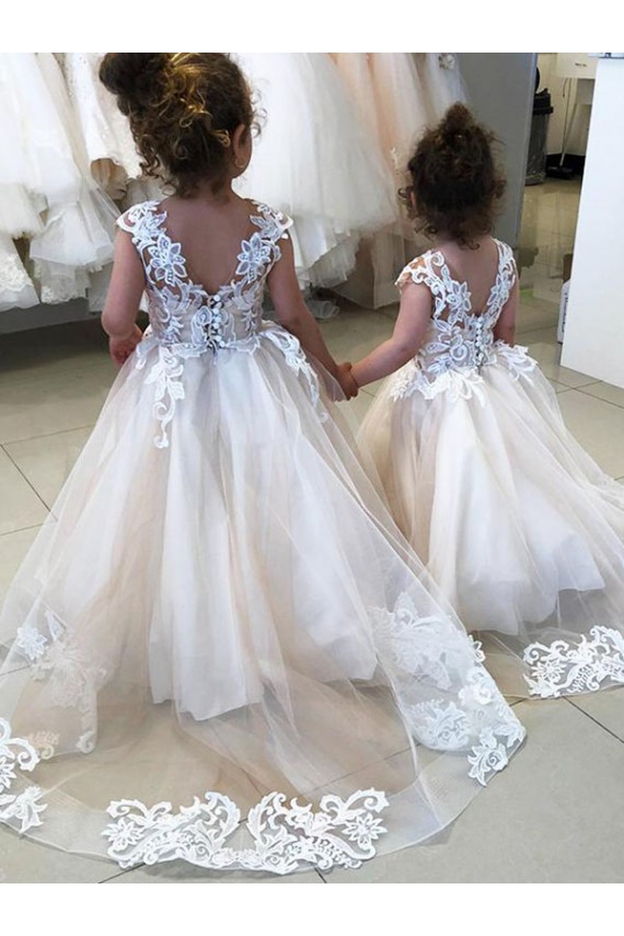 Tulle & Lace Ball Gown Chapel Train Sleeveless V-Back Little Flower Girl Dress Sheffield