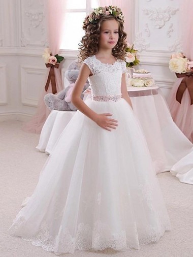 Tulle & Lace Ball Gowns Long Cap Sleeves Keyhole Back Flower Girl Dress Sheffield