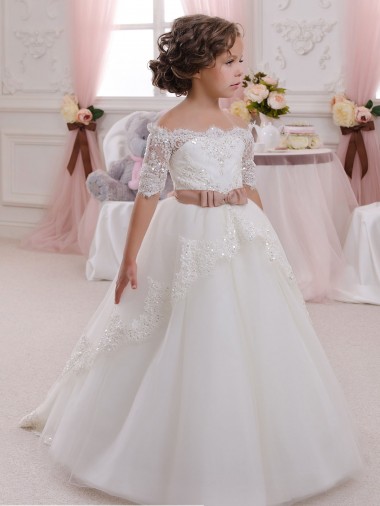 Tulle & Lace Ball Gown Short Sleeves Long Keyhole Back Flower Girl Dresses Sheffield