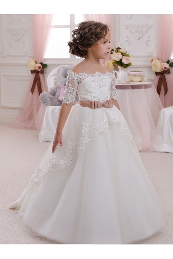 Tulle & Lace Ball Gown Short Sleeves Long Keyhole Back Flower Girl Dresses Sheffield