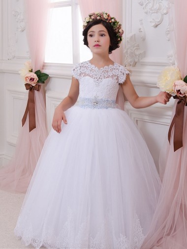 Tulle & Lace Ball Gown Chapel Train Cap Sleeves Flower Girl Dresses Sheffield