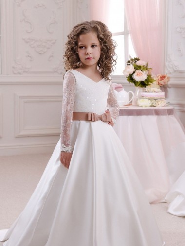 Satin & Lace Ball Gown Chapel Train Long Sleeves Flower Girl Dress Sheffield