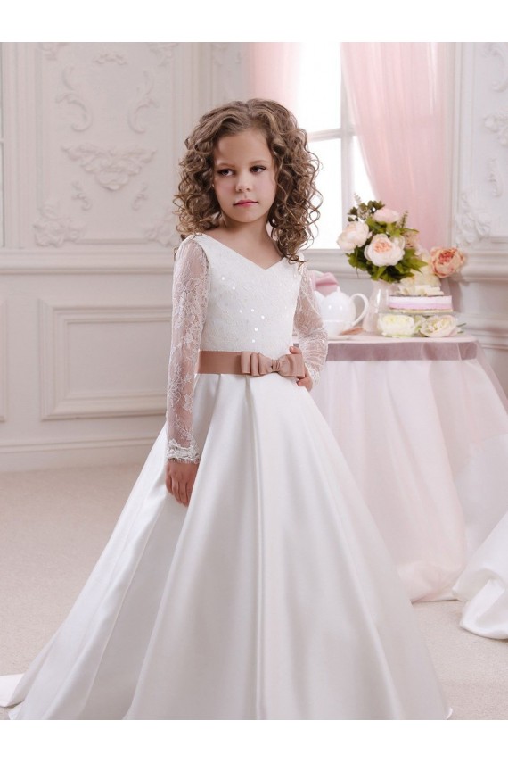 Satin & Lace Ball Gown Chapel Train Long Sleeves Flower Girl Dress Sheffield