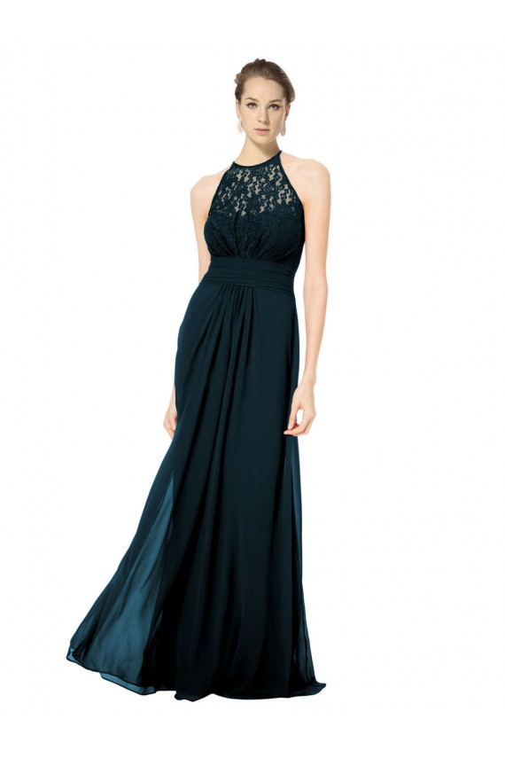 Soft Chiffon & Lace A-Line Long Sleeveless Keyhole Back Dark Navy Bridesmaid Dresses Sheffield
