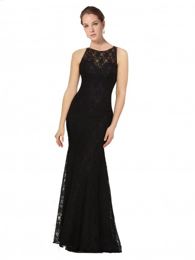 Lace Sheath Long Sleeveless Open Back Black Bridesmaid Dresses Sheffield