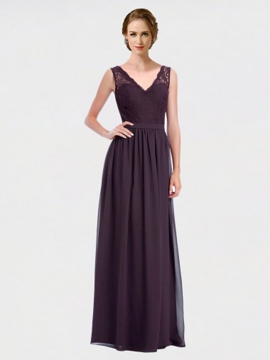 Chiffon & Lace A-Line Long Sleeveless V-Back Bridesmaid Dress / Evening Dress Sheffield