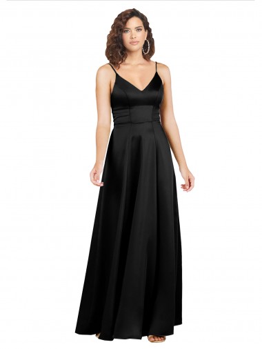 Silk like Satin A-Line Long Sleeveless V-Back Black Prom Dresses Sheffield