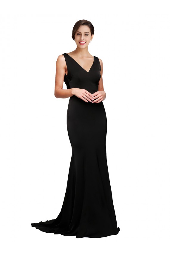 Silk like Satin A-Line Sweep Train Sleeveless Low Back Black Prom Dresses Sheffield