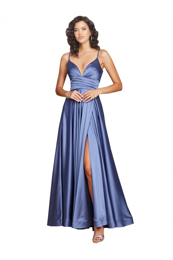 Silk like Satin A-Line Long Sleeveless Low Back High Slit Prom Dresses Sheffield