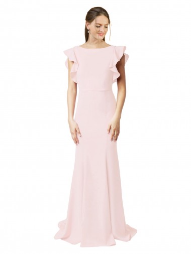 Stretch Crepe Mermaid, Sheath Sweep Train Ruffle Sleeves V-Back Black Tie Prom Dress / Bridesmaid Dress Sheffield