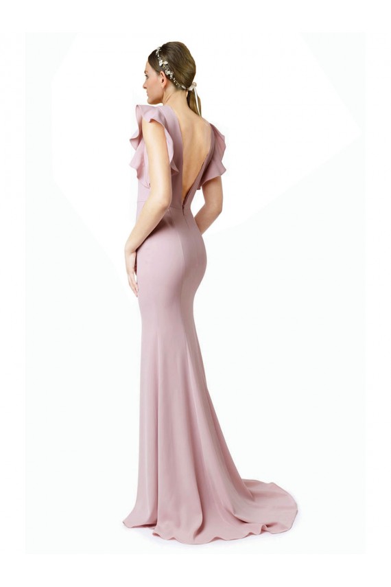Stretch Crepe Mermaid, Sheath Sweep Train Ruffle Sleeves V-Back Black Tie Prom Dress / Bridesmaid Dress Sheffield