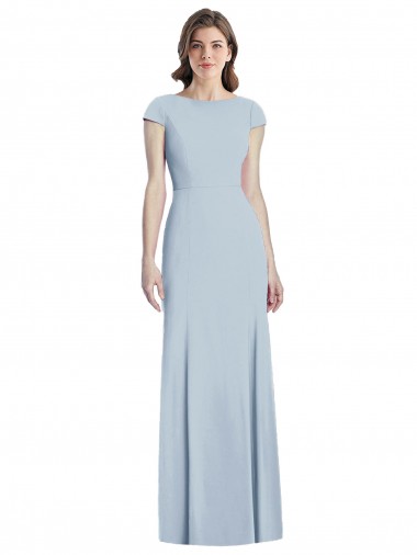 Stretch Crepe Trumpet Long Cap Sleeves Open Back Light Sky Blue Prom Dresses Sheffield
