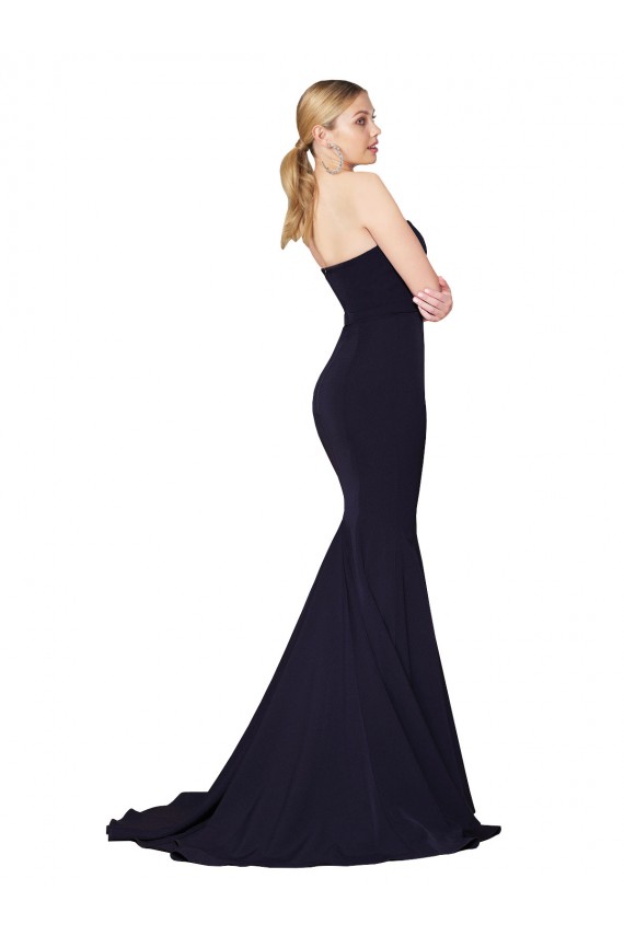 Stretch Crepe Mermaid Sweep Train Sleeveless Dark Navy Prom Dresses Sheffield