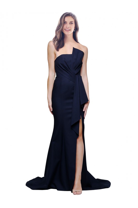 Stretch Crepe Sheath Sweep Train Sleeveless Low Back Dark Navy Prom Dresses Sheffield